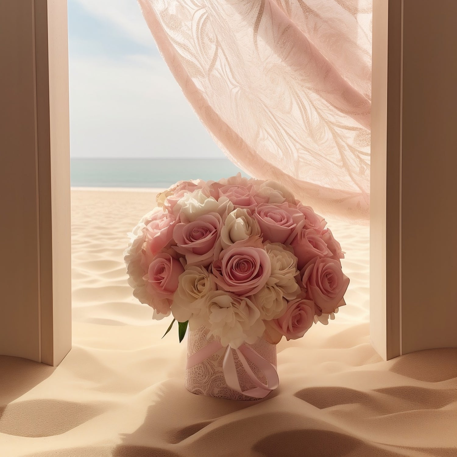 Beautiful pink floral arrangement with roses, a pink embroidered box, and a flowing pink curtain in the background overlooking a beach with the ocean in the background.
