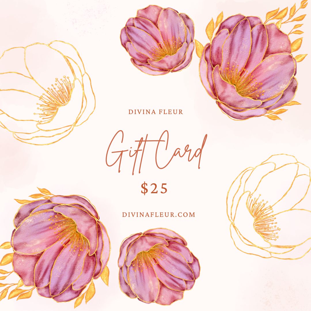 Divina Fleur $25 gift card with flower watercolor design.